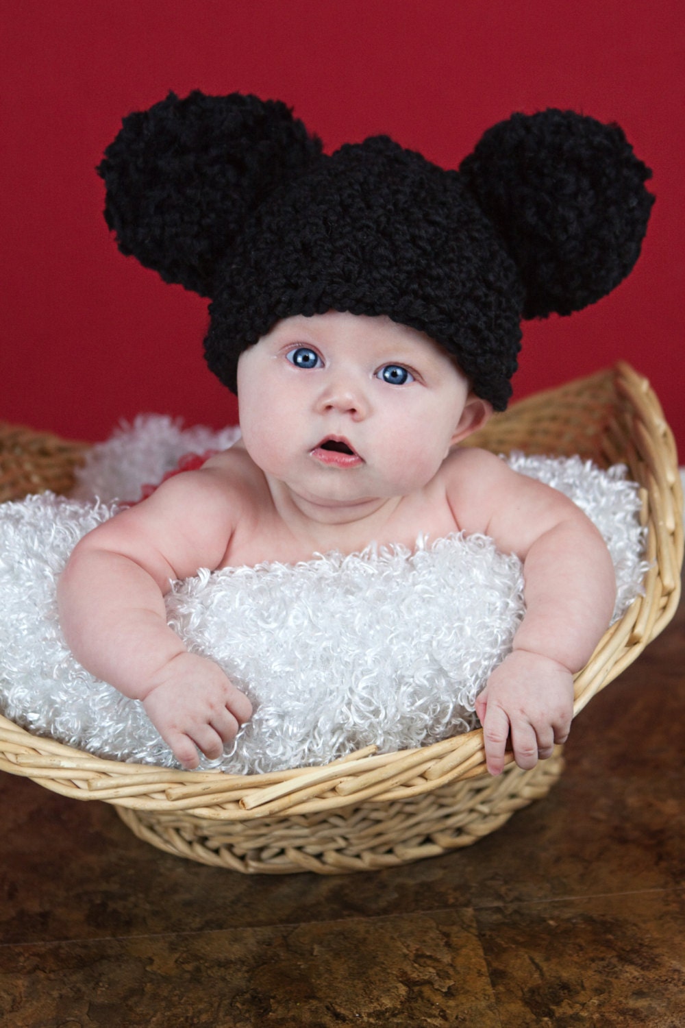 Baby Hat, Preemie or Newborn Baby Girl or Baby Boy Soft Chunky Crochet Double Pom Pom Mouse Ear Hat - Black Photography Prop Baby Hat