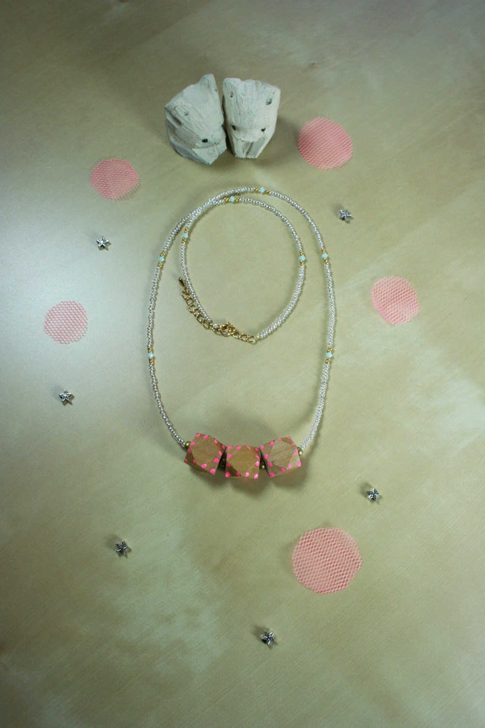 Pink pokka dot wooden geometric beads necklace