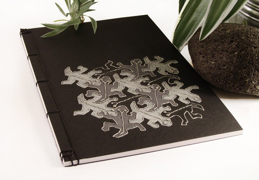 Embroidered A5 Notebook / M. C. Escher's Lizards / Reptile Journal / Black Notepad