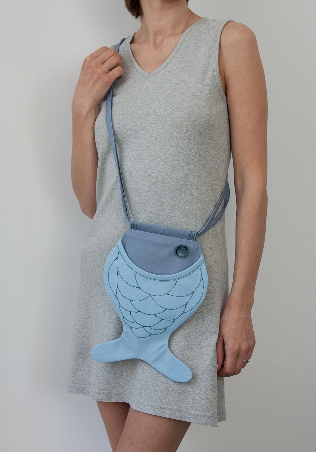 Light Blue with Grey Fish Purse Small Bag Quilted Bag Purse Pastel Summer Time Nautical Boho Bag Hipster Style Ocean Sea Beach