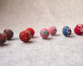 Felted earring . Needle felted wool ball with hand sewn seed beads on Antique Brass Bronze Ear Stud .