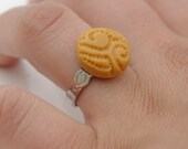 polymer clay button ring in ochre mustard yellow - adjustable silver ring