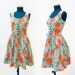 Vintage summer dress, bustier lace floral, 70s ,plaid, coral and emerald green, (S)