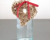 Crocheted twine heart with red ribbon trim, with up-cycled glass bud vase