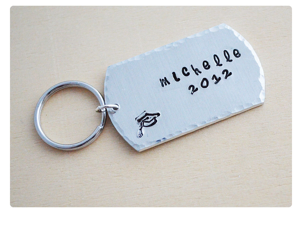 Graduation Keychain 2013 - Hand Stamped Personalized Jewelry - College Grad - High School Graduate - Aluminum Dog Tag Keyring
