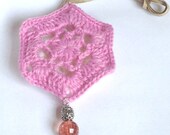 Pendant jewelry, Hexagonal pink white pendant with brass, crystal and pearl beads, lace crochet necklace