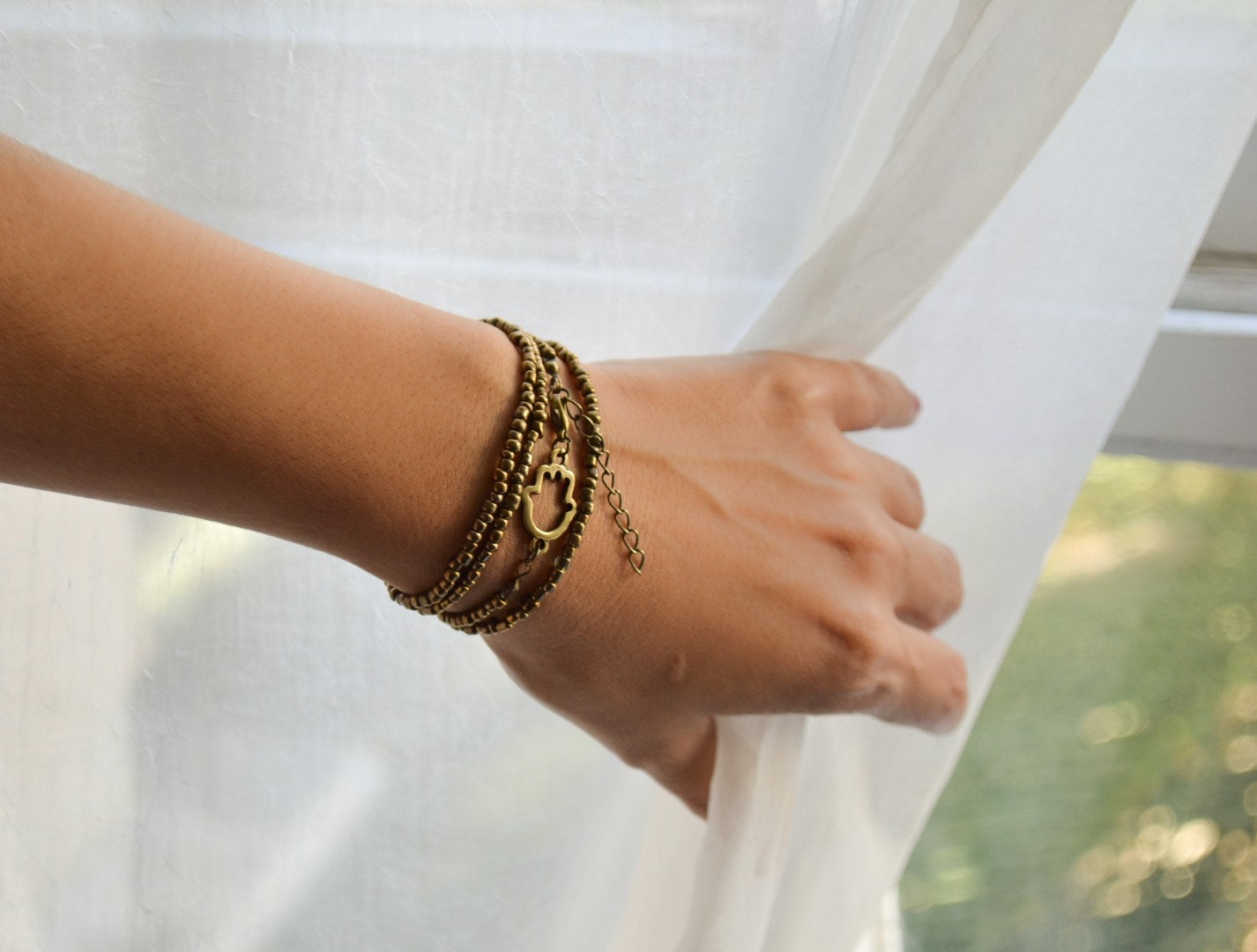Beaded Wrapped Hamsa bracelet, bronze color beads and a bronze Hamsa charm, protects from evil eye, gift for her, elegant jewelry