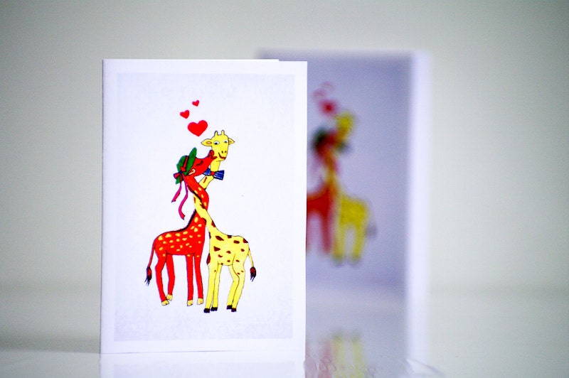 Greeting card Two kissing giraffes Animal art Sweet Love Kiss - I love you message - Original animal painting art illustration - I miss you