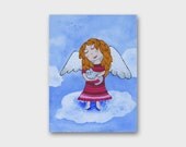 Original painting ANGEL Girl with CAT Sky Blue art / In the sky Lovely painting nursery decor gift for children