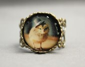 Antique Bronze Filigree Ring Chick in A Top Hat Brass Adjustable Band