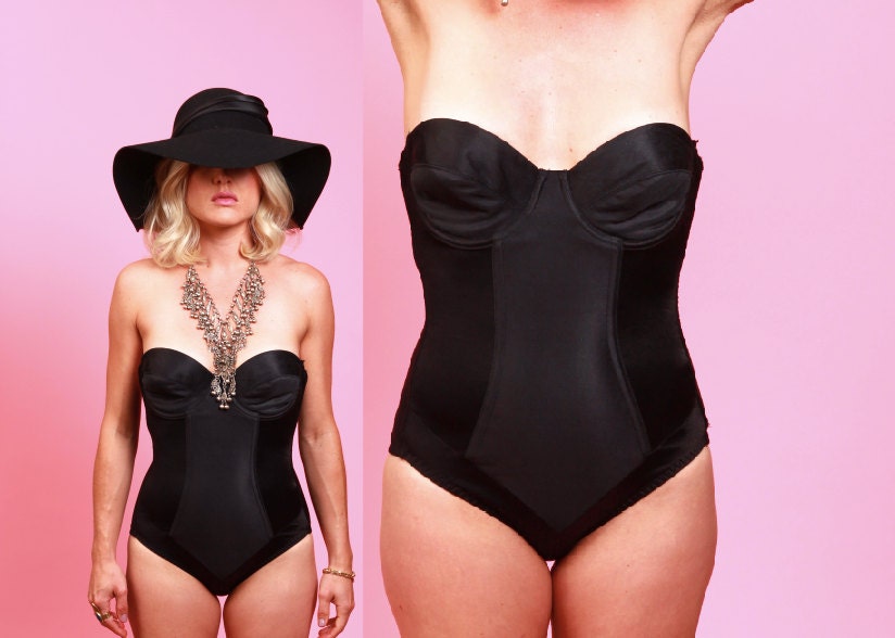Vintage Black Shaping Teddy. Bustier one piece. Size small 36 C