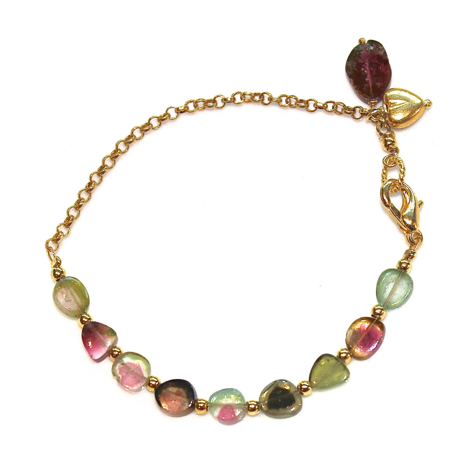 Watermelon Tourmaline Slice Bracelet Gold Chain Heart Stackable Bracelets FizzCandy Gemstone Jewelry