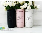 Navy and Pink Wedding and Home Decor / Painted and Distressed Mason Jar / Vase / Shabby Chic