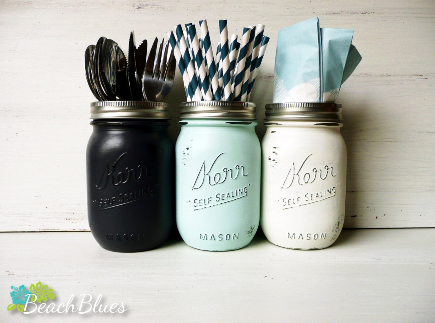 Nautical Navy, Aqua and White Utensil Holders / Graduation Party Decor / Summer / Painted and Distressed Shabby Chic Mason Jars / Vase