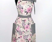 Cute womens bib apron - pink and black floral and paisley-medium-On Sale