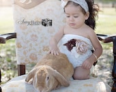 Ivory, Lace, & Burlap, Romper, Sash, and Headband- Ivory, beige, brown, lace, 1st birthday, baby, Girl, Newborn, Infant, Toddler