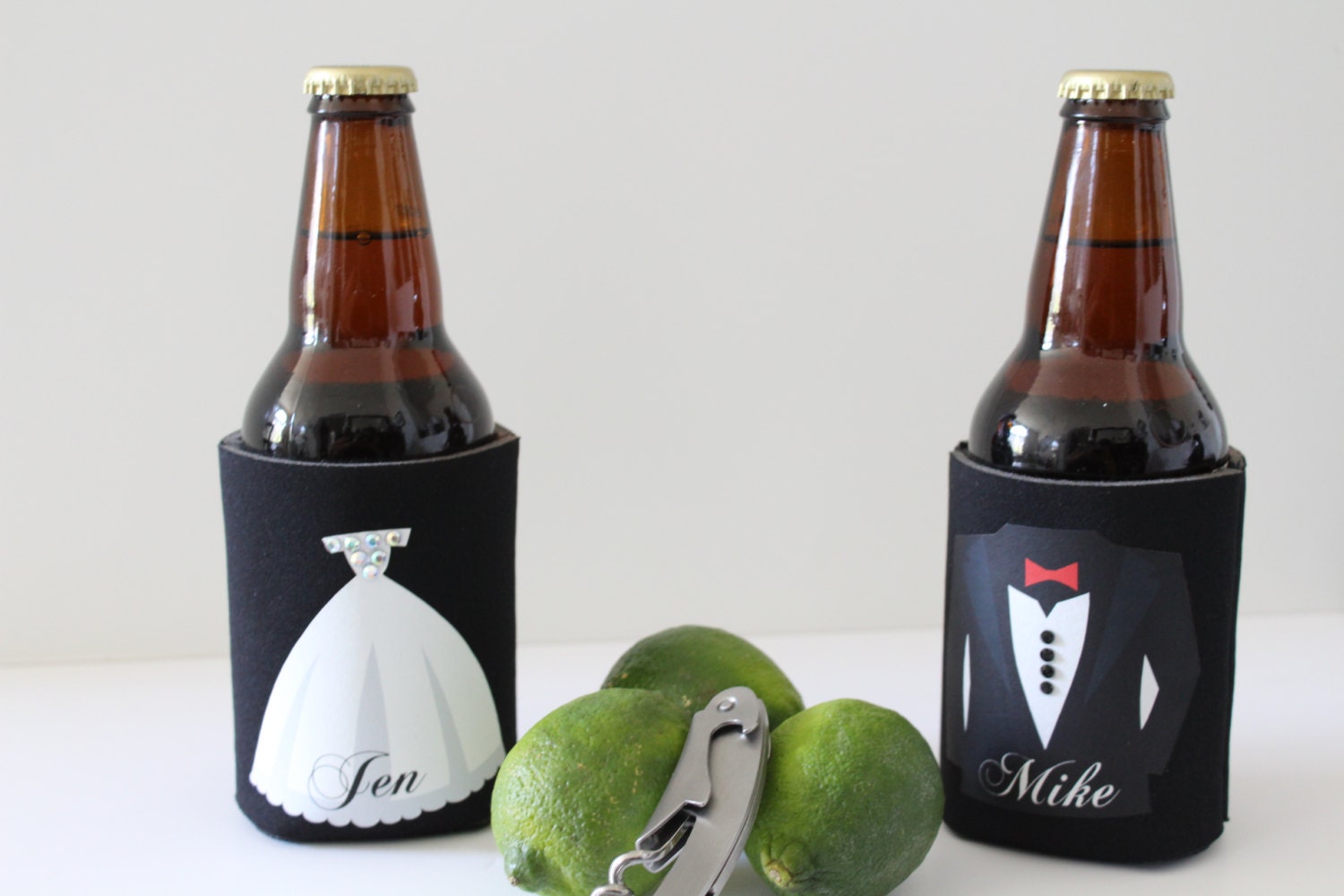 Set of (2) Drink Koozies for the Groomsmen, Best Man, Bridesmaid, Maid of honor toasting glasses or photo booth props