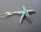 Opal Starfish charm necklace, 925 Sterling Silver Starfish Charm, Opal Inlay Starfish Necklace, Beach Jewelry, Ocean Jewelry.