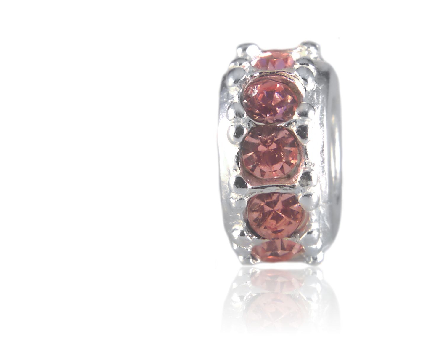 Pink Tourmaline Sterling Silver Spacer Bead October Birthstone CZs Fits European Charm Bead Bracelets
