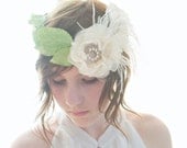 Roaring 20s, Flapper crown green leaf and feather, flower crown, paper leaves Halo, green and cream hair crown