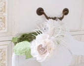 Shabby cream flower and Romantic green leaf and feather crown, paper leaves Halo, green and cream hair crown