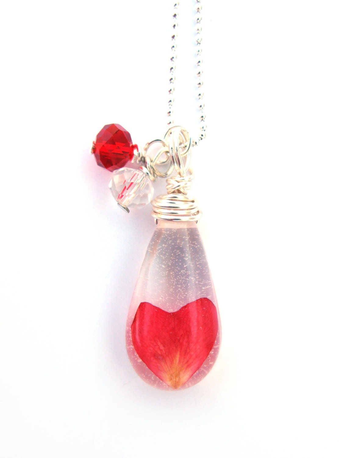 Real Rose Petal Necklace - Heart Petal Encased in Resin - Pressed Flower Jewelry - Resin Necklace - Wire Wrapped Pendant - Resin Jewelry
