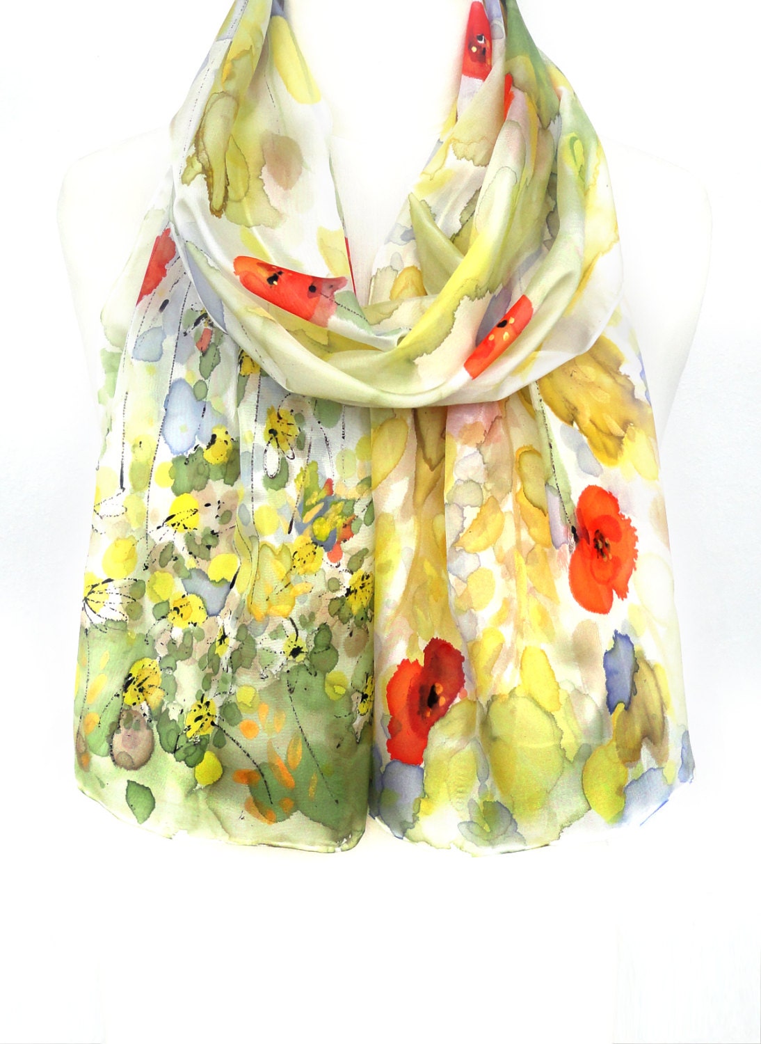 Poppies Daisies Scarf. Hand Painted Silk Shawl. Women Scarf. Gift for Her. Floral Straw Shawl. 14x71 in. (35x180cm). Ready2Ship.