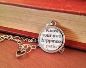 Sense and Sensibility Jane Austen Antiqued Simple Silver Book Page Literature Book Quote Necklace Know your own happiness