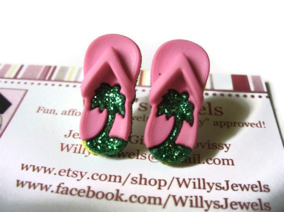 Flip Flop Stud Earrings, Pink with Green Glitter Palm Tree Design, Acrylic, Hypoallergenic Surgical Steel Posts
