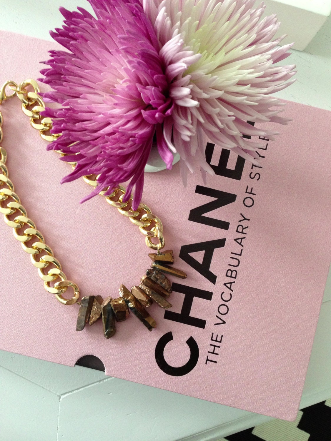 Gold crystal quartz chain necklace