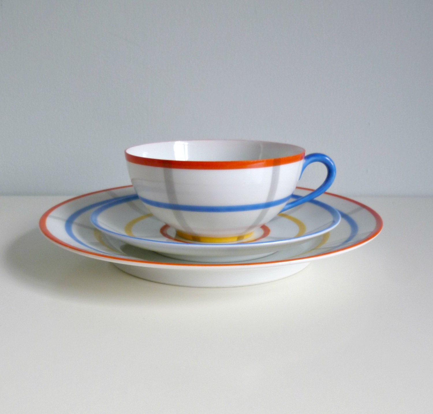 Mid Century Tea Trio - 1940's Bone China - Afternoon Tea - Red, Yellow, Green, Blue. Pantone - Seltmann, Germany - Mad Men, Entertaining