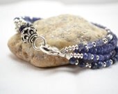 Iolite, Blue dumortierite, Blue Sapphire Jade Multi - strand Beaded Bracelet with Sterling Silver Lobster Claw Clasp, Handmade