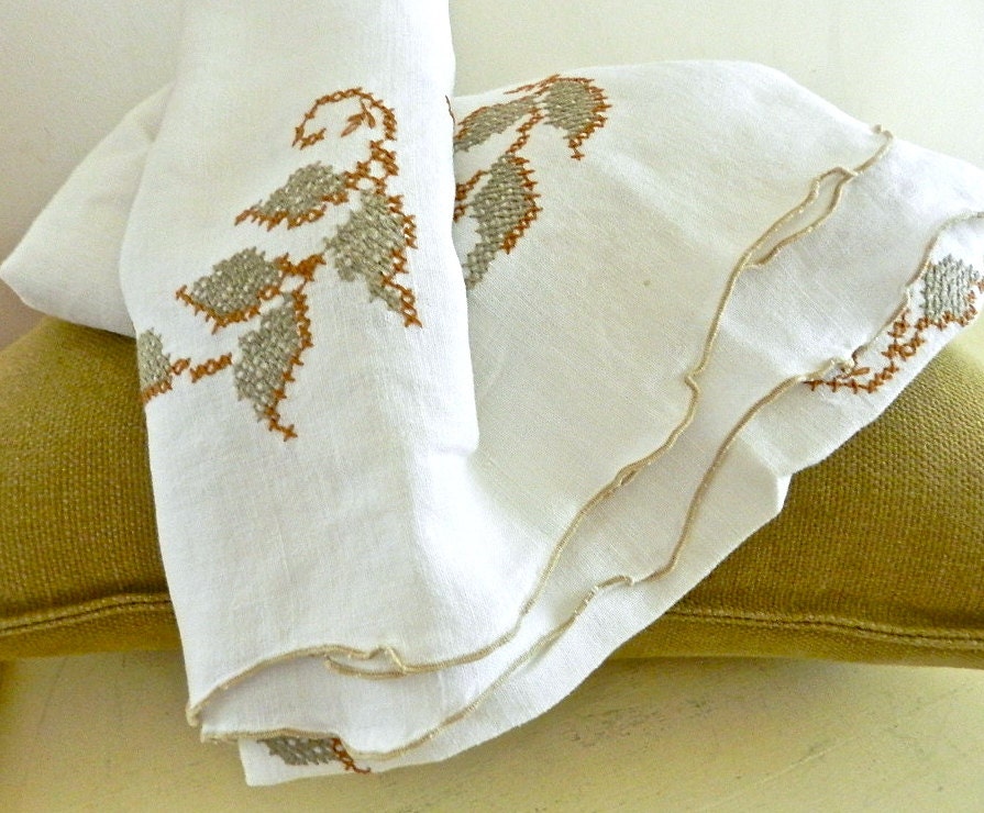 Vintage White Linen Tablecloth .Handstitched.