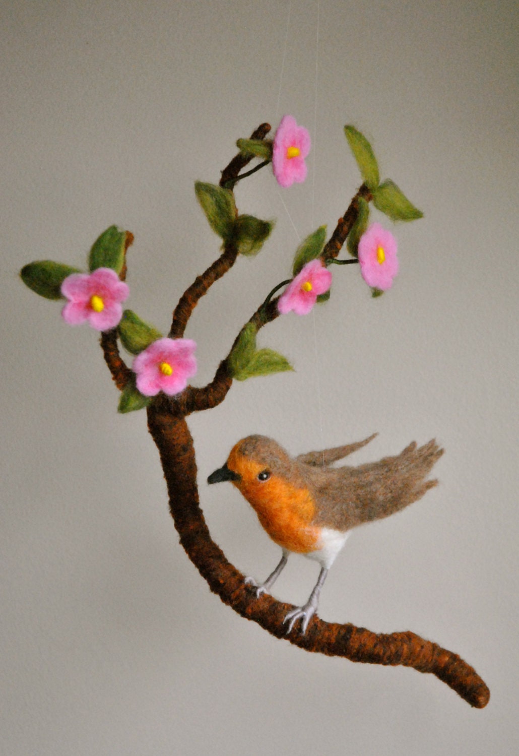 Spring  Mobile Waldorf Inspired Needle Felted Bird : Life size american robin  in a branch with flowers