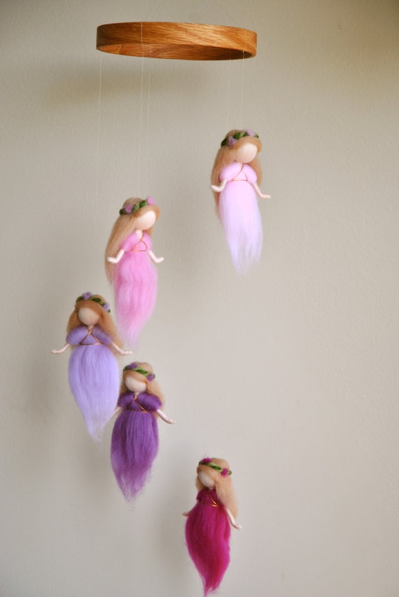 Waldorf inspired needle felted mobile: The Pink and Purple Colors Wool Fairies