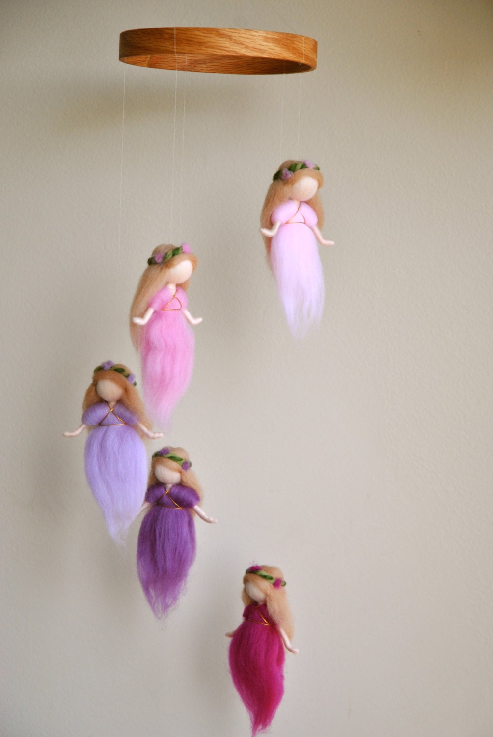 Waldorf inspired needle felted mobile: The Pink and Purple Colors Wool Fairies