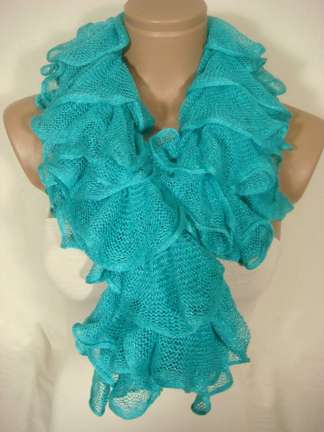 Ruffle Scarf, Frilly Scarf, Knitted Ruffled Scarf (Turquoise) for Women by Arzu's Style