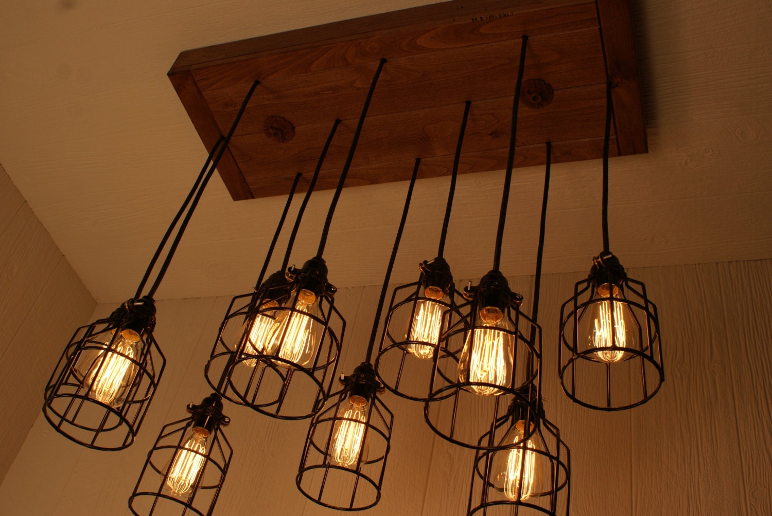 Cage Light Chandelier - Cage Lighting - Industrial Lighting - Edison Bulbs - Refined Alder Wood