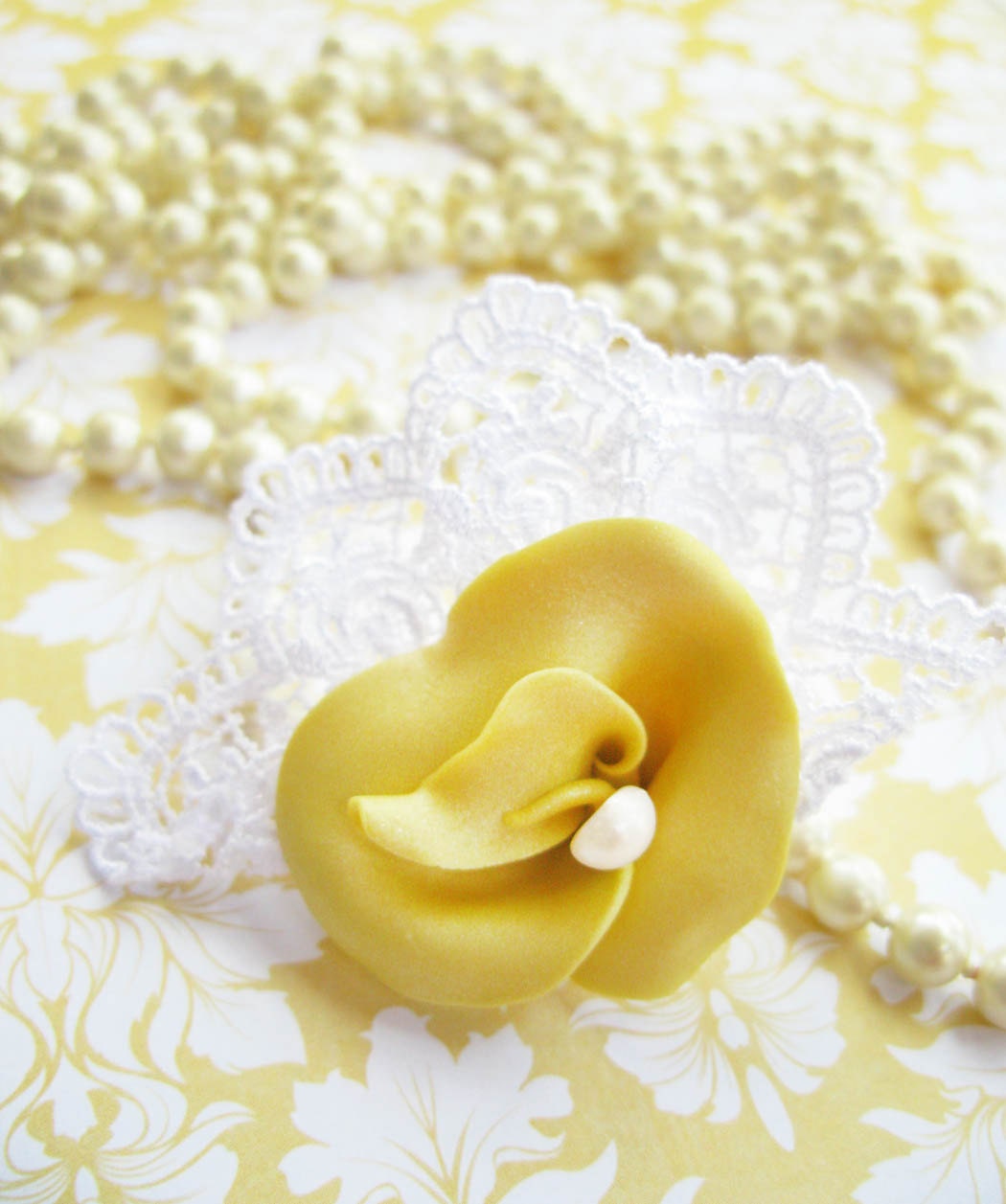 Yellow Pearl -  Polymer Clay Flower and Freshwater pearl - Lace Brooch - Accessorize Anything -  Beautifully Packaged