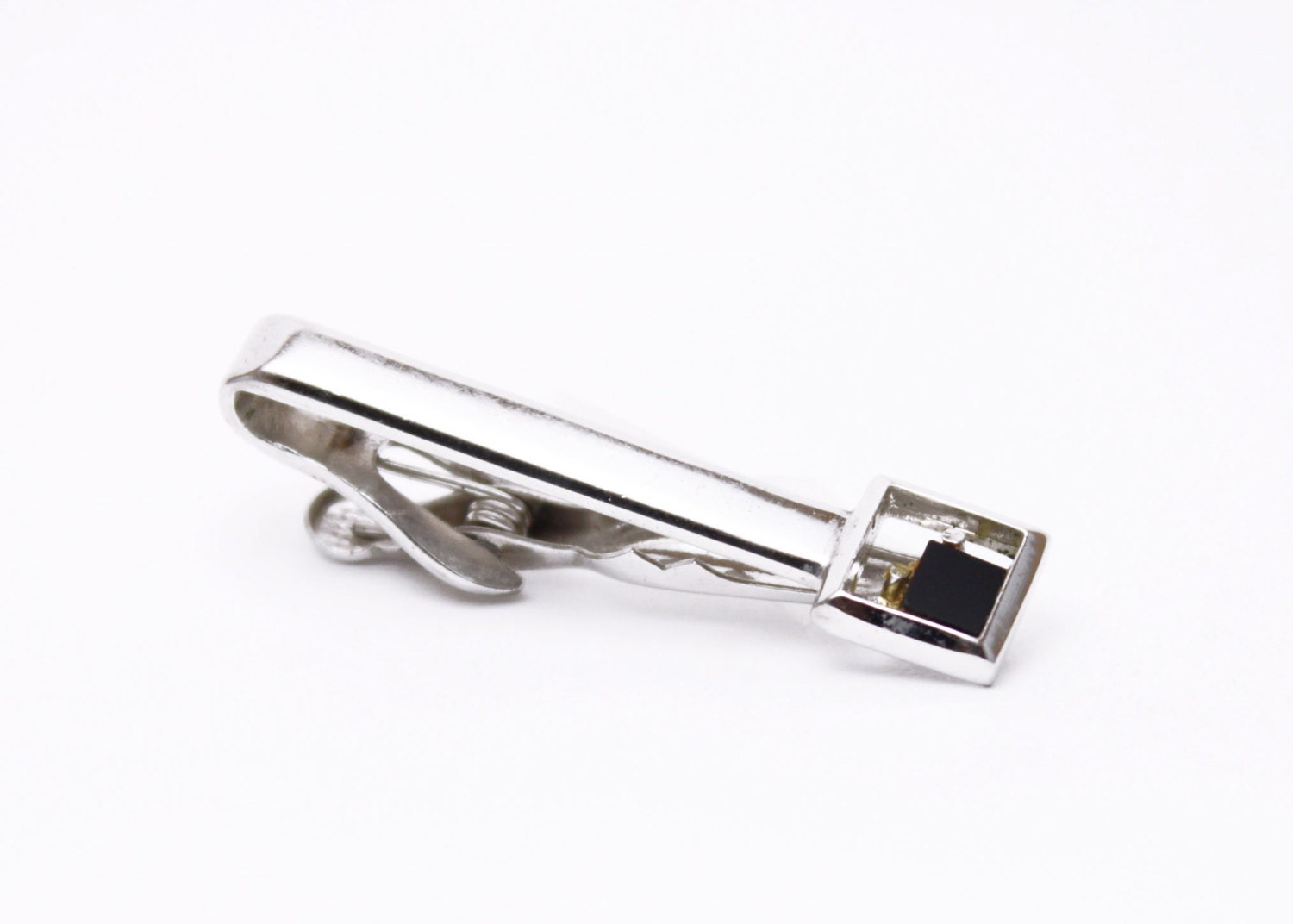 Vintage Silver Tie Clip w/ Onyx Square by Swank