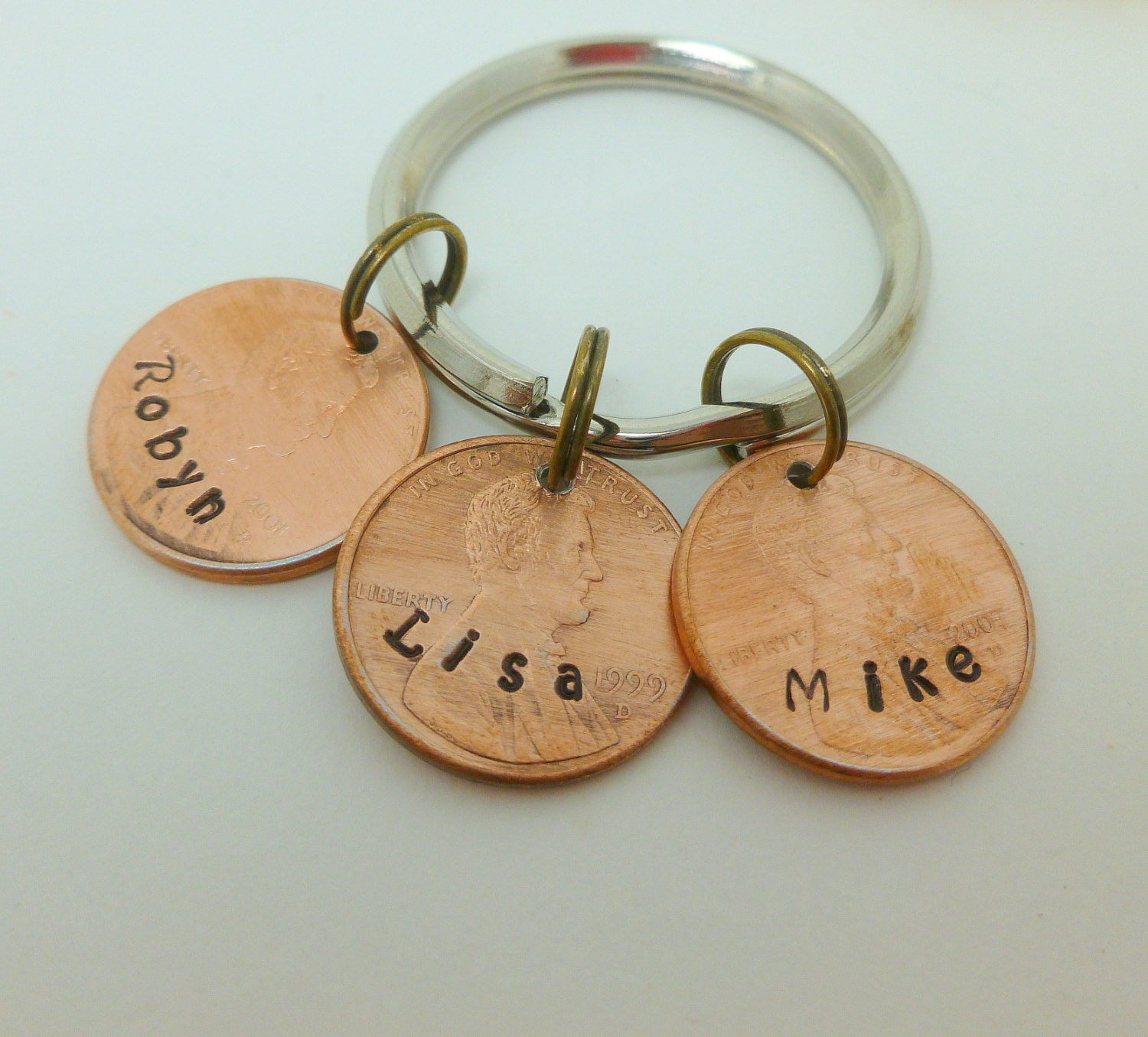 Hand Stamped names on Pennys, Keychain personalized, custom printed, engraved, mothers day gift