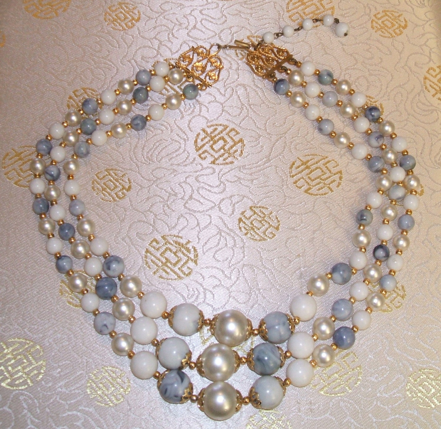 Pretty Three-Strand Necklace of Blue and White Beads