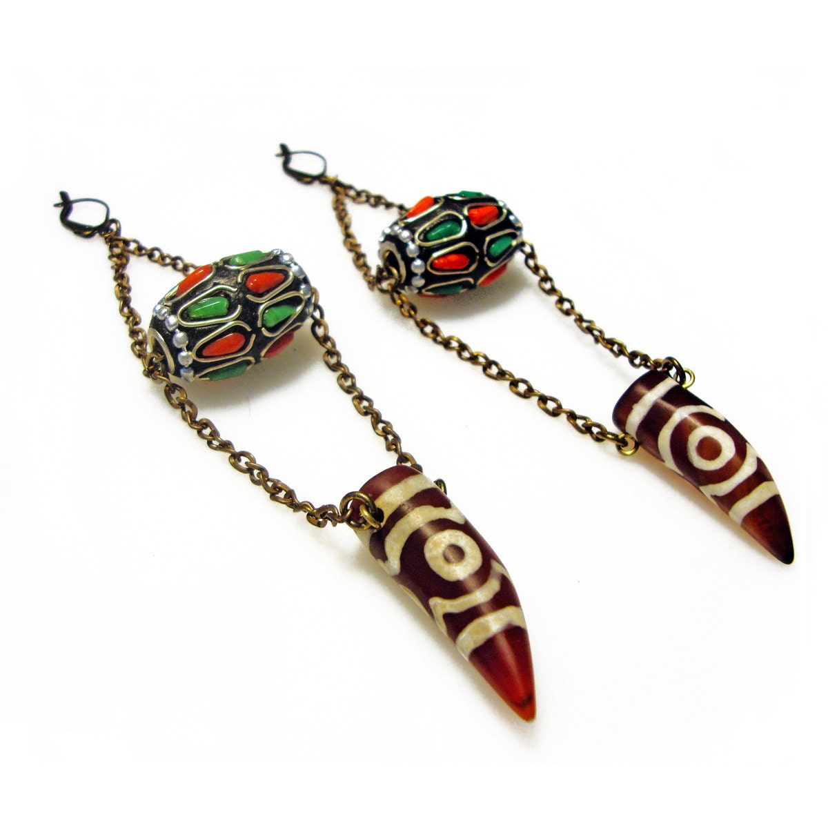 ON SALE Indian agate horn ,ethnic moroccan metal bead ,brass chain long earrings