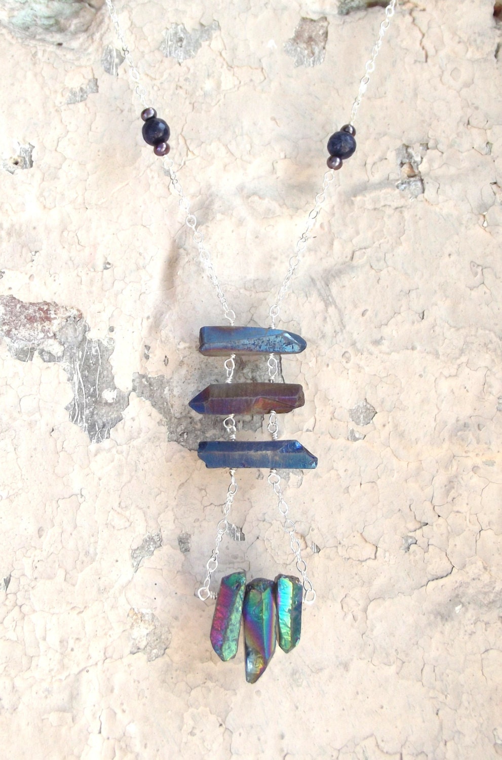 Geometric titanium quartz raw crystal necklace OOAK