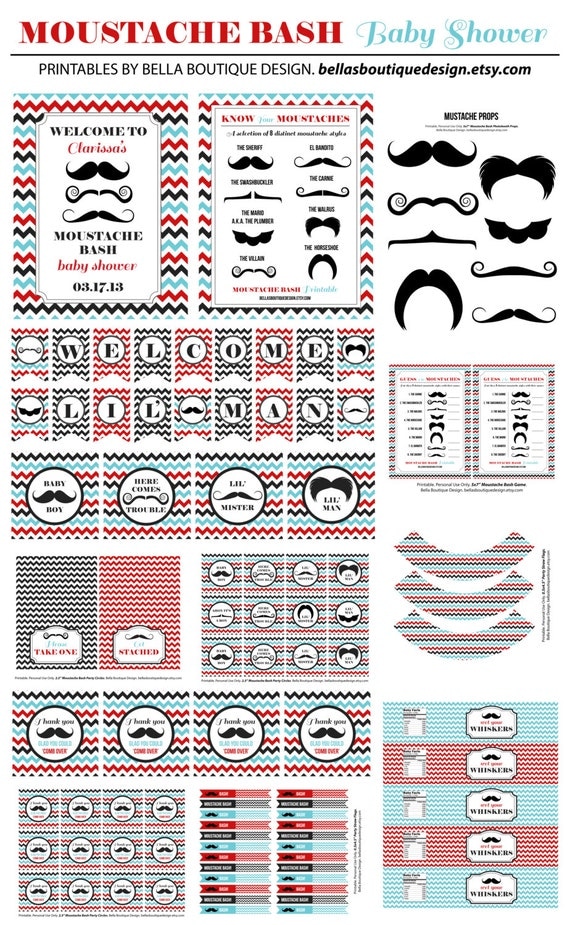 INSTANT DOWNLOAD, Moustache Bash, Baby Shower, Party Printable Package, Red, Blue, Black, Mustache Il_570xn
