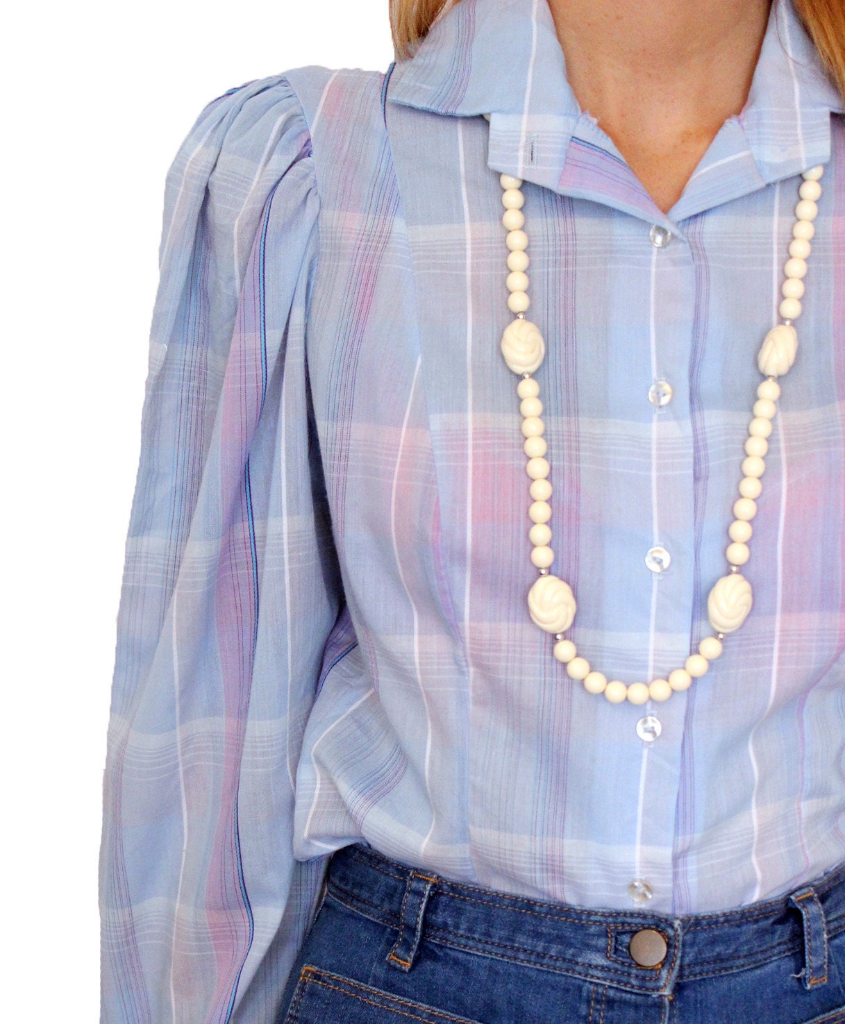 Womens Vintage Top, Purple Blue Plaid, Casual Shirt, Small, Button Down Blouse, Retro Fashion, Vintage Clothing