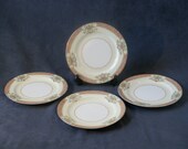 Set of 4 Bread or Salad Plates, Made by Noritake in Occupied Japan, Gold Edge, Floral & Scroll Pattern
