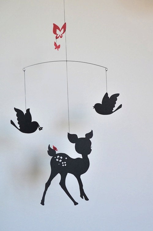Deer, Birds, Butterflies Mobile - Black and Pink
