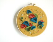Floral Embroidery Hoop Wall Hanging Repurposed Wool Fiber Art Mustard Yellow Wildflowers