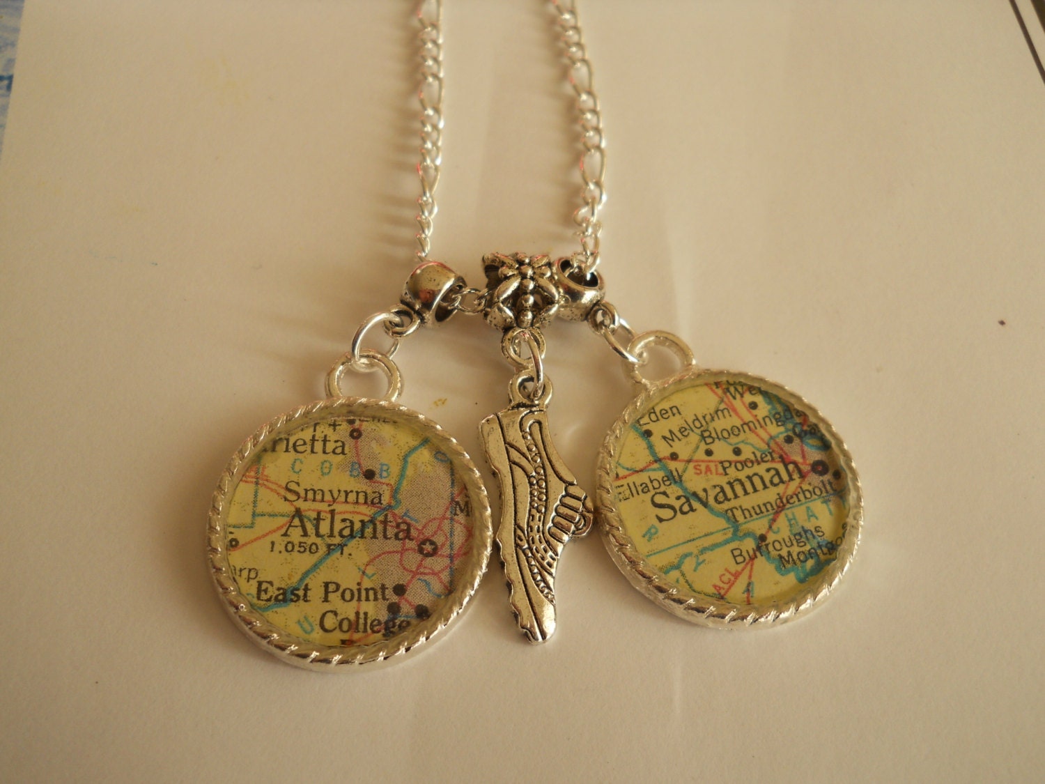Running Pendant Necklace World Map of Any TWO Locations Silver or Black Suede Chain - Marathon, 10k, 5k Half Marathon